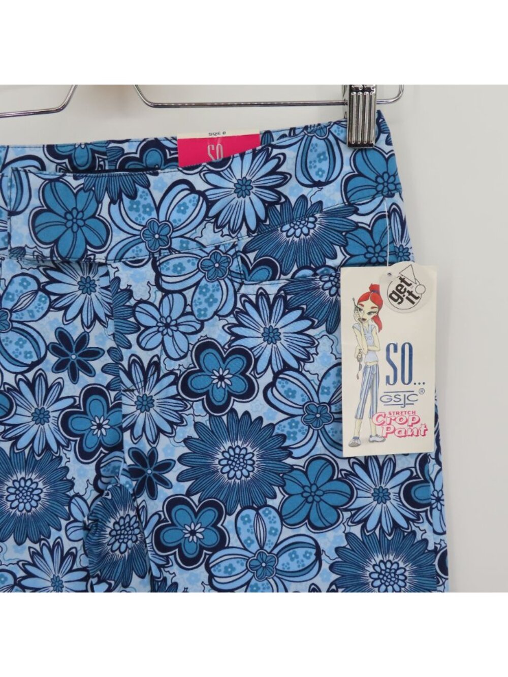 SO Juniors 0 Blue Flower Floral Stretch Crop Pants Cotton Blend Y2K 2000s NEW - Picture 4 of 11